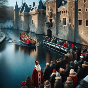 Sinterklaas komt per boot aan in de slotgracht van Zeist